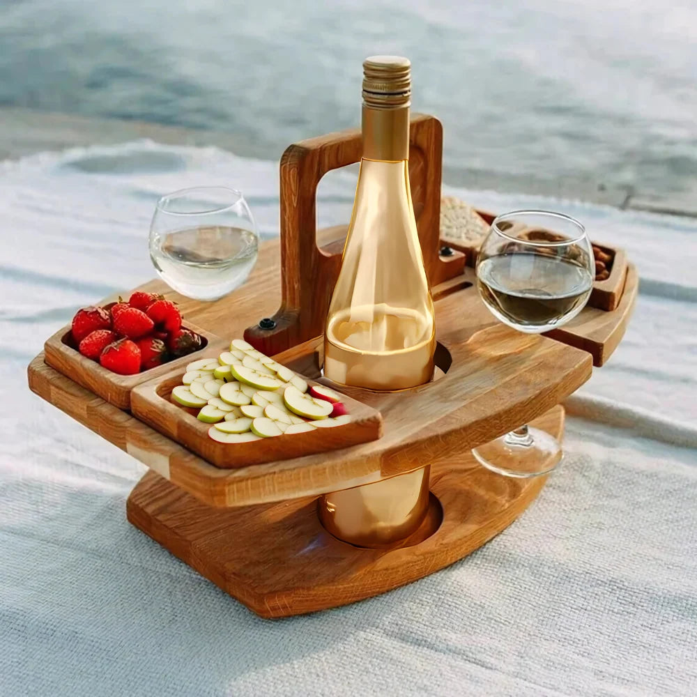 Wine Table Foldable Acacia Bottle & Glass Holders