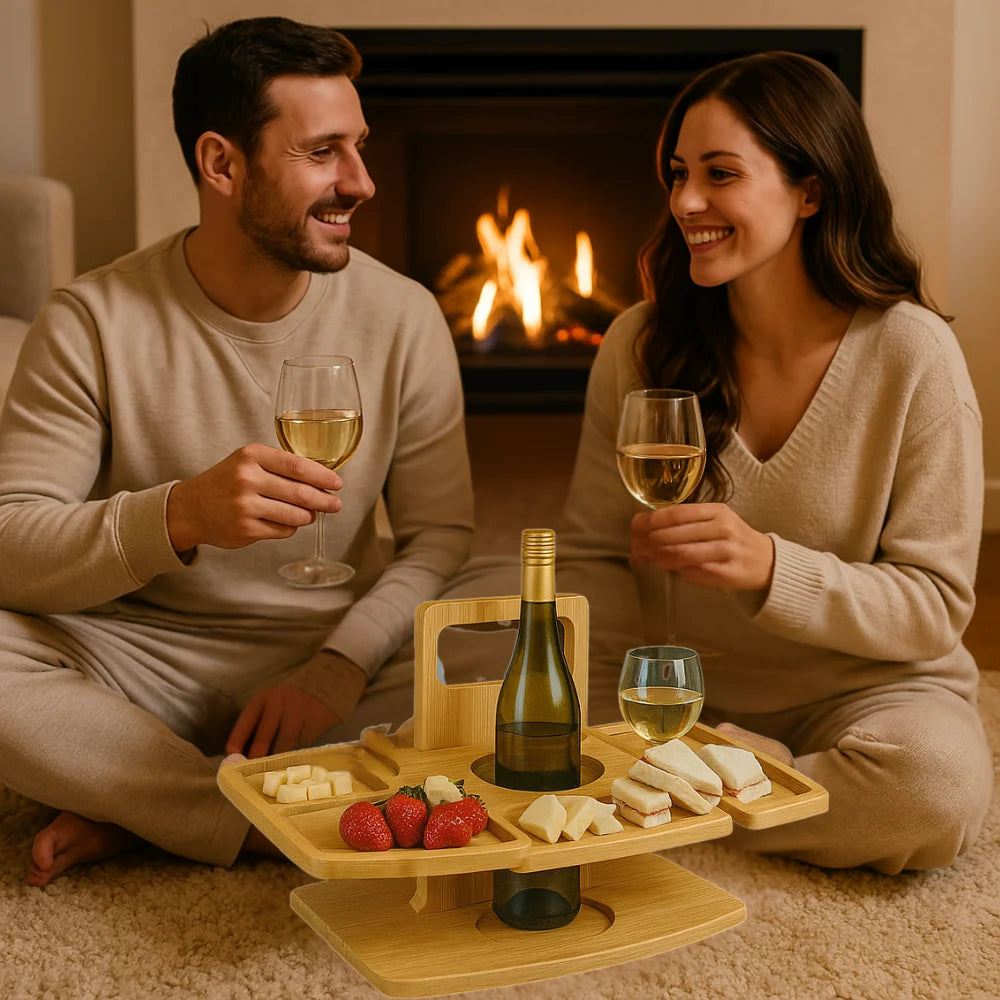 Wine Table Foldable Acacia Bottle & Glass Holders