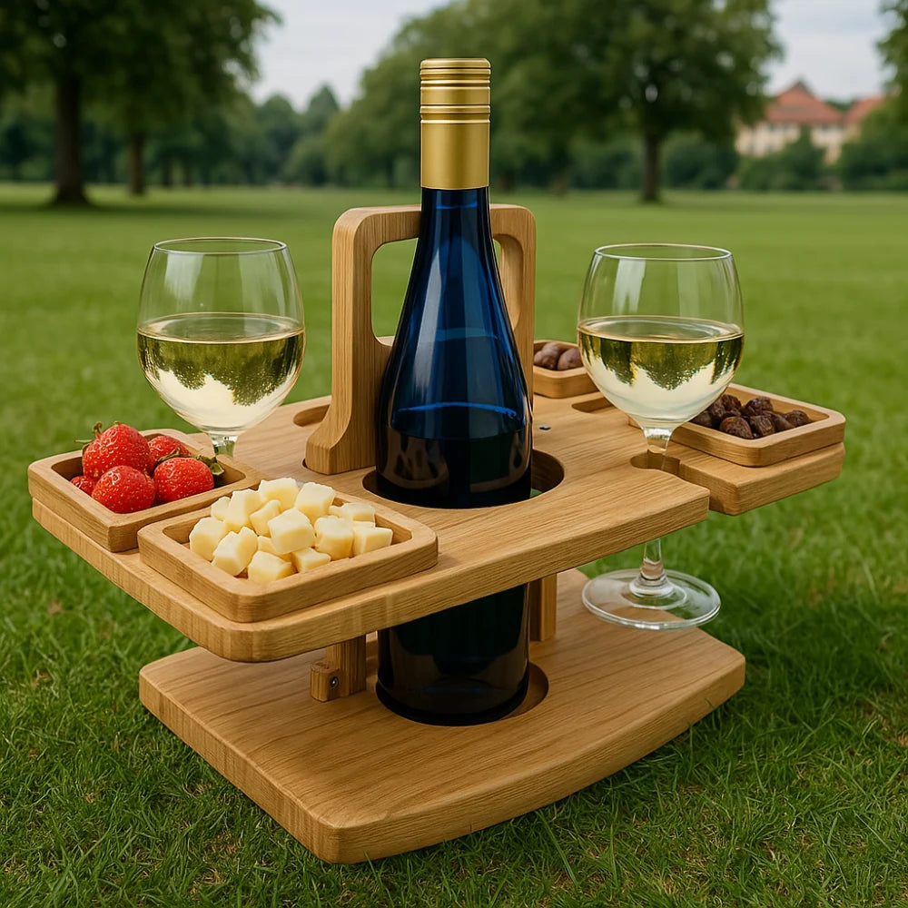 Wine Table Foldable Acacia Bottle & Glass Holders
