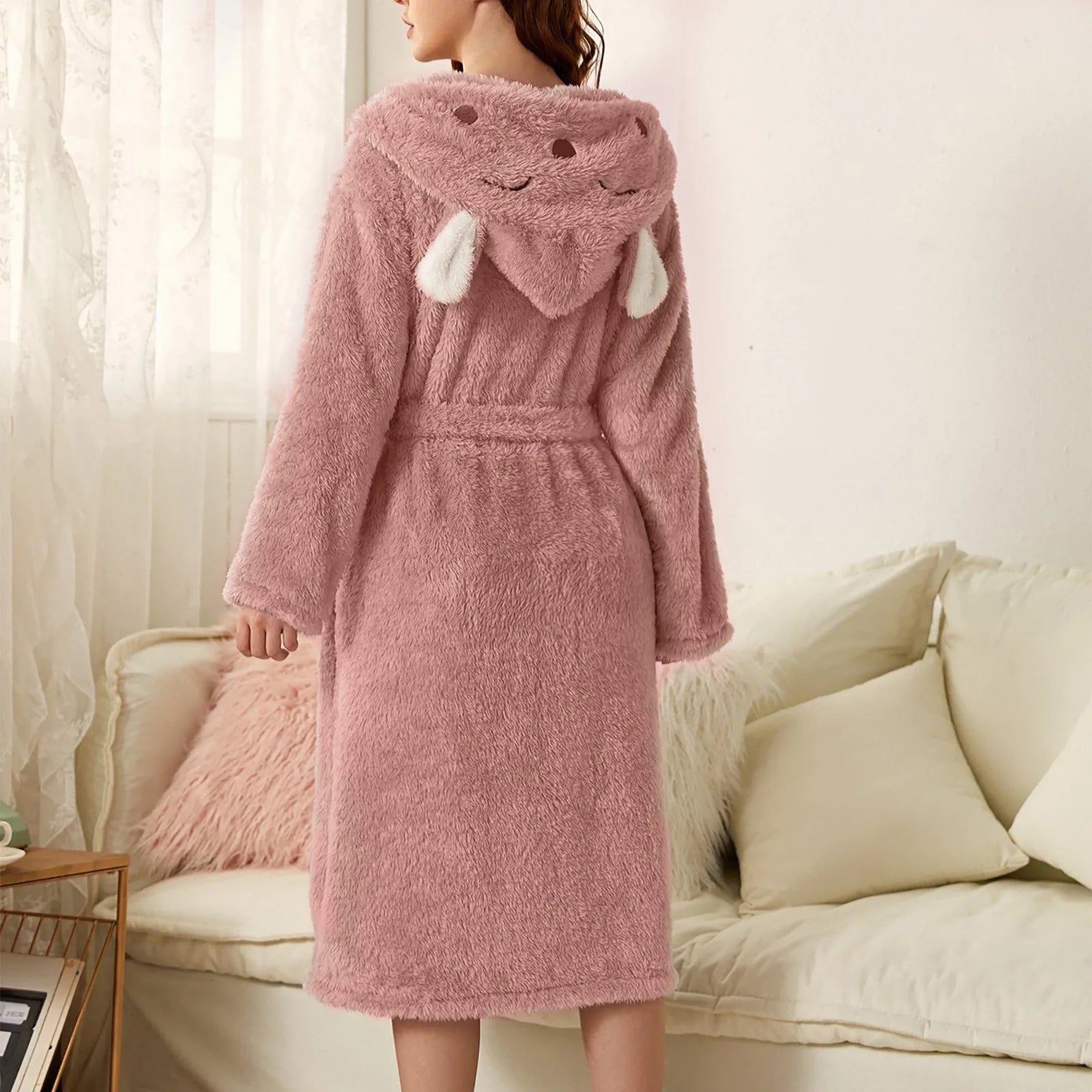 Women's Bathrobe Flannel Hood With Ears & Tie Belt