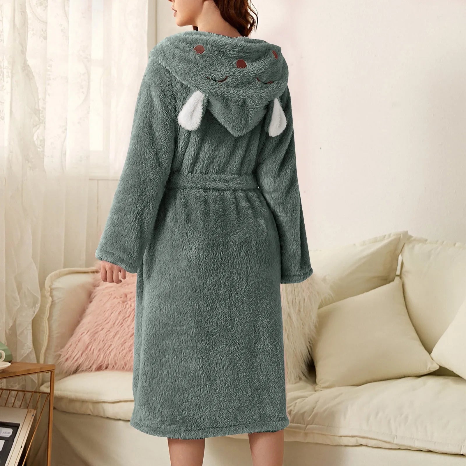 Women's Bathrobe Flannel Hood With Ears & Tie Belt
