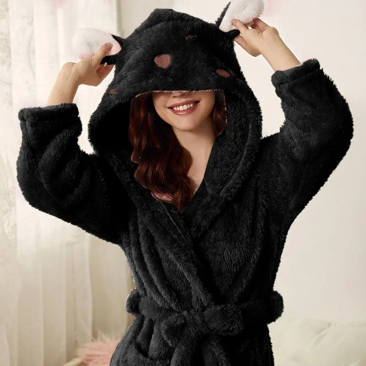 Women's Bathrobe Flannel Hood With Ears & Tie Belt