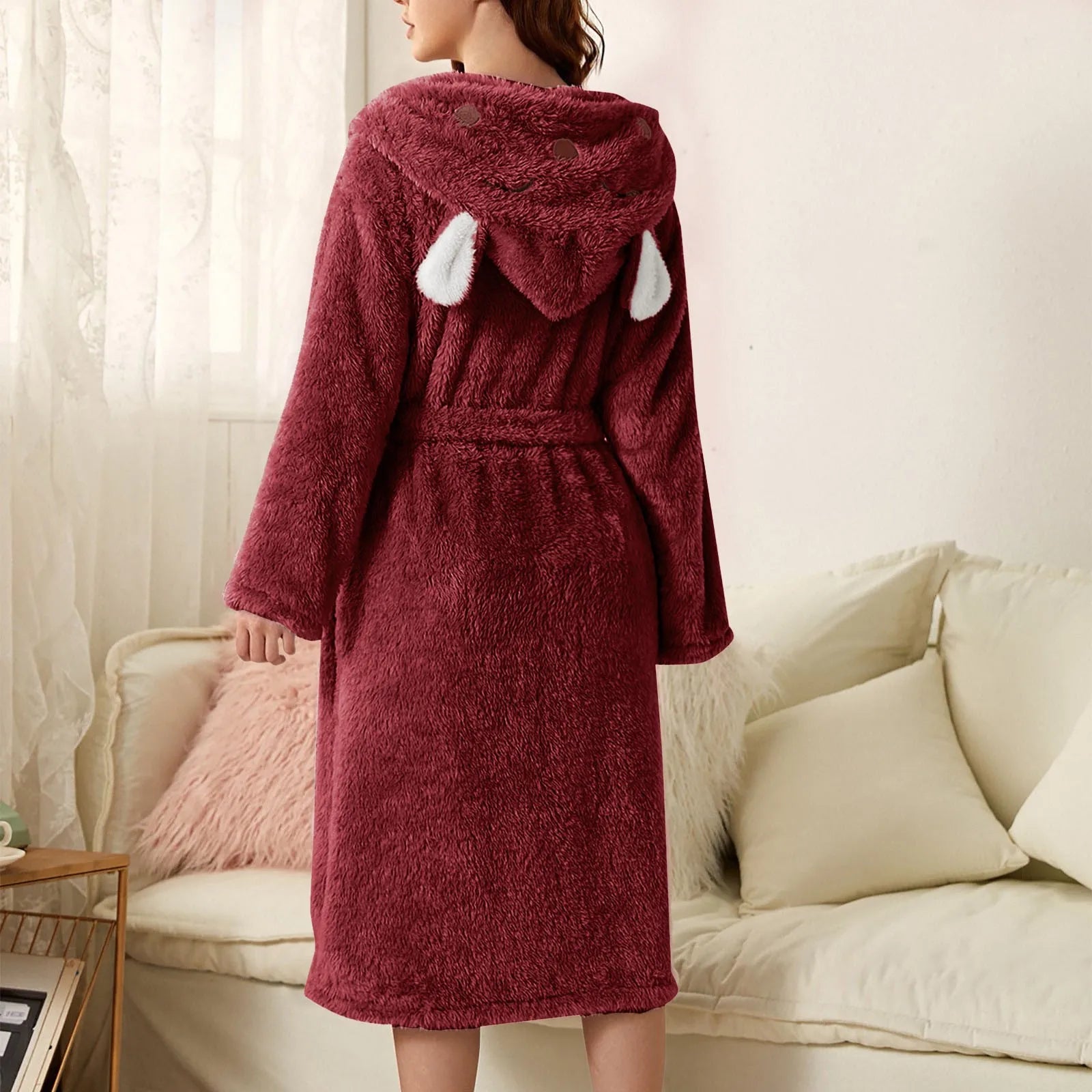 Women's Bathrobe Flannel Hood With Ears & Tie Belt