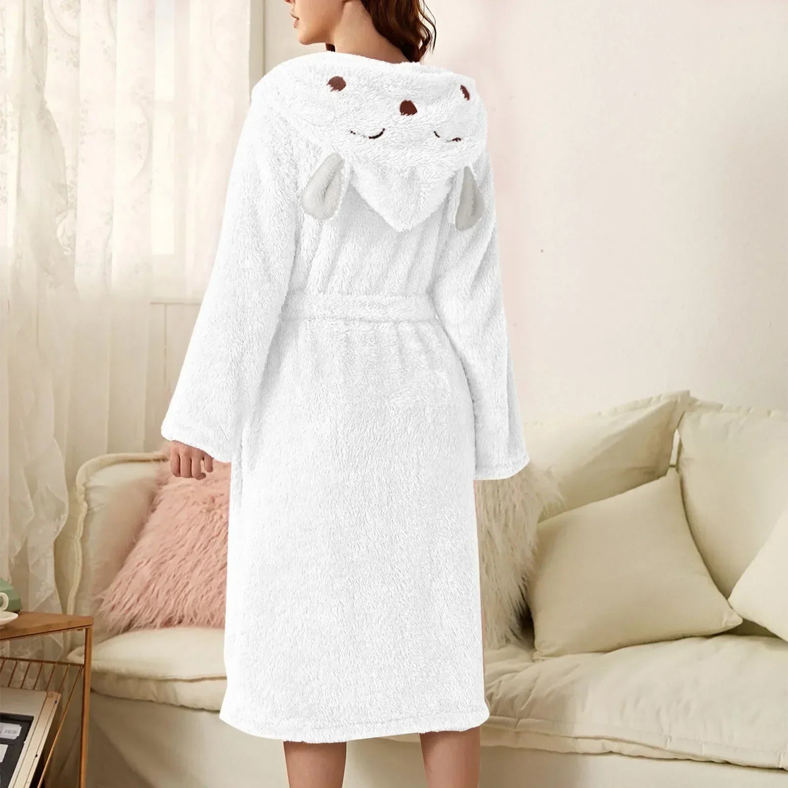 Women's Bathrobe Flannel Hood With Ears & Tie Belt