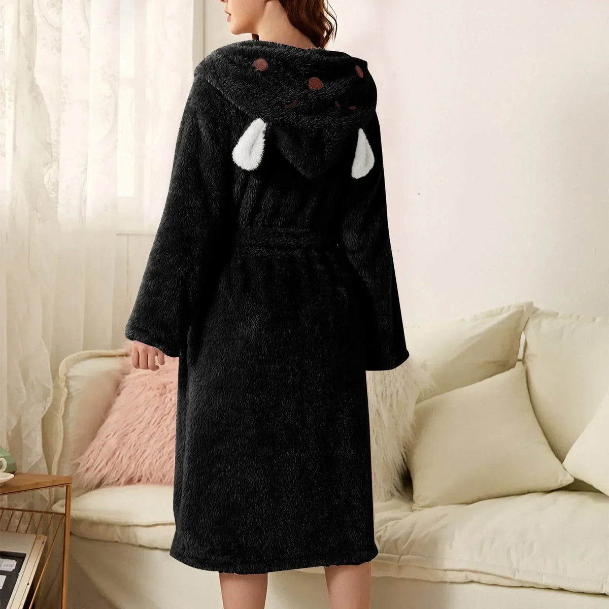 Women's Bathrobe Flannel Hood With Ears & Tie Belt