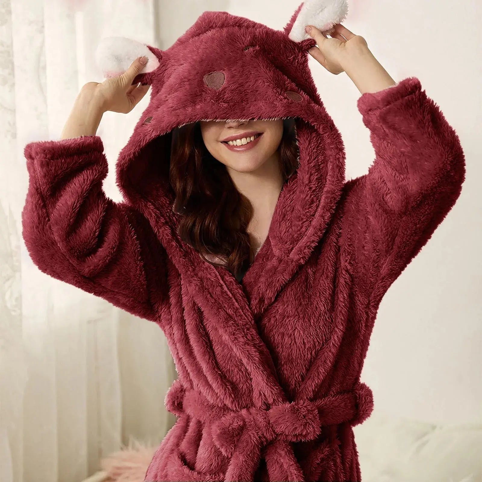 Women's Bathrobe Soft Flannel Hooded Bunny Ears
