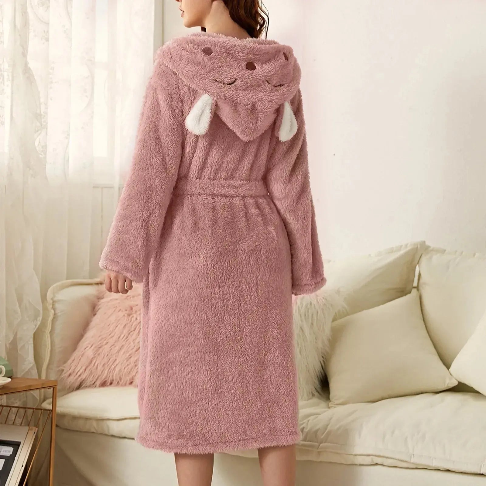 Women's Bathrobe Soft Flannel Hooded Bunny Ears