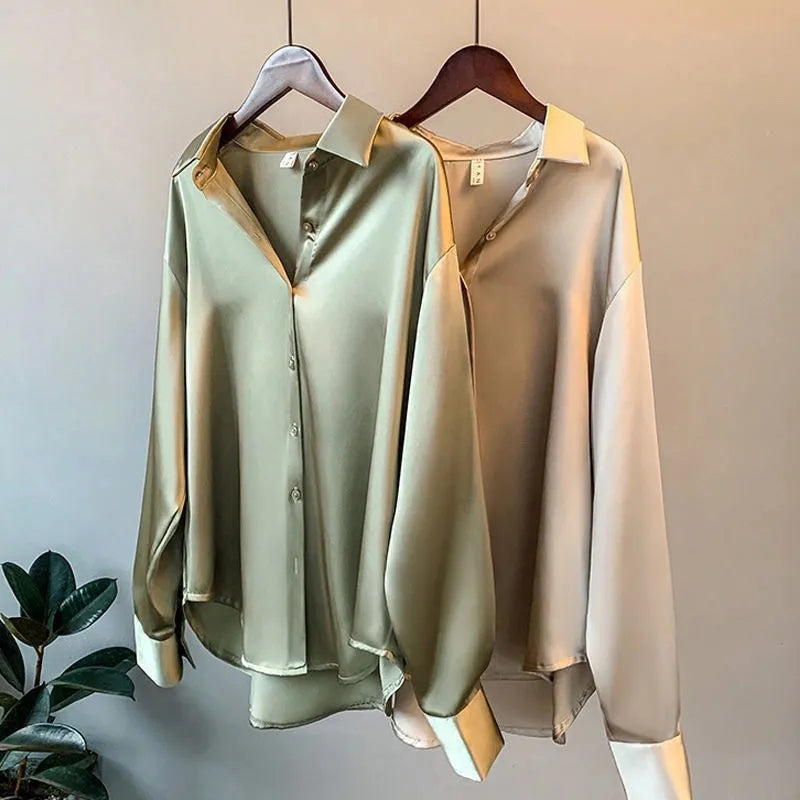 Women's Blouse Satin-Look Long Sleeve
