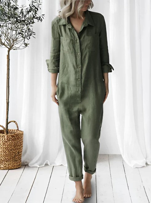 Women's Jumpsuit Lapel Collar Flap Side Pockets Comfortable Fit