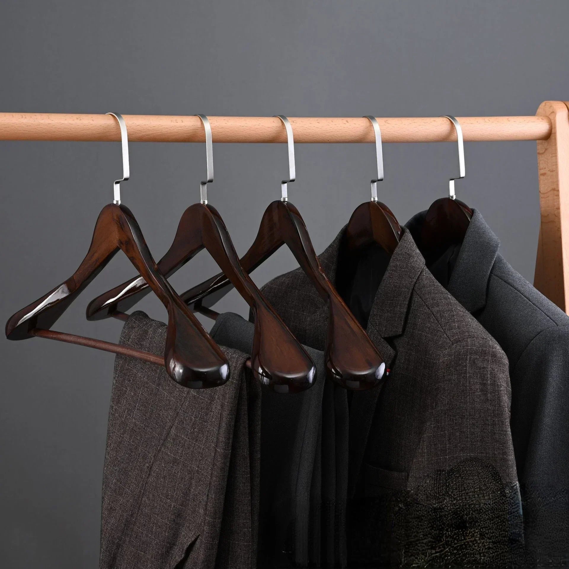 Wooden Hanger Set Curved Shoulder & Metal Hooks
