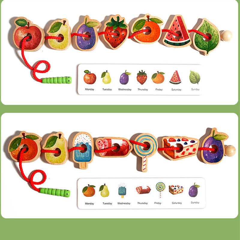 Wooden Threading Toy Large Beads Pattern Cards & Travel Bag