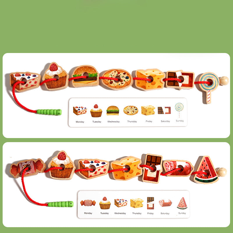 Wooden Threading Toy Large Beads Pattern Cards & Travel Bag