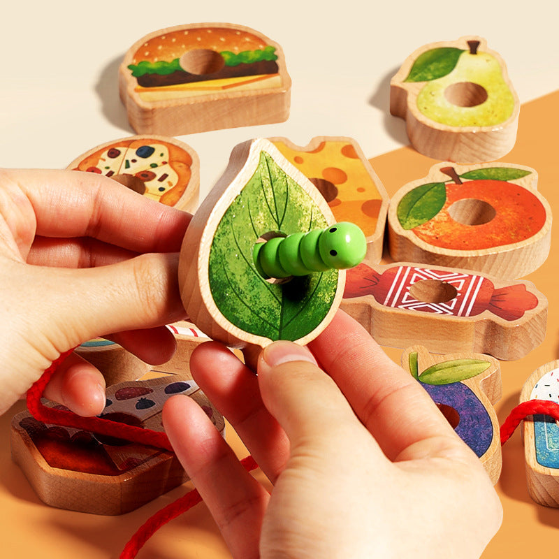Wooden Threading Toy Large Beads Pattern Cards & Travel Bag