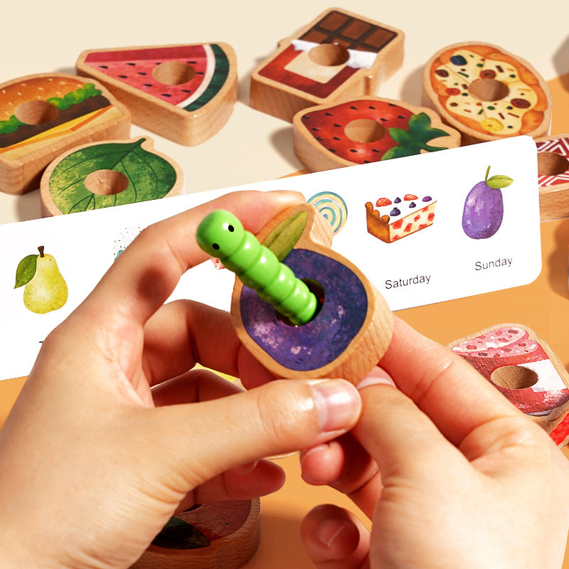 Wooden Threading Toy Large Beads Pattern Cards & Travel Bag