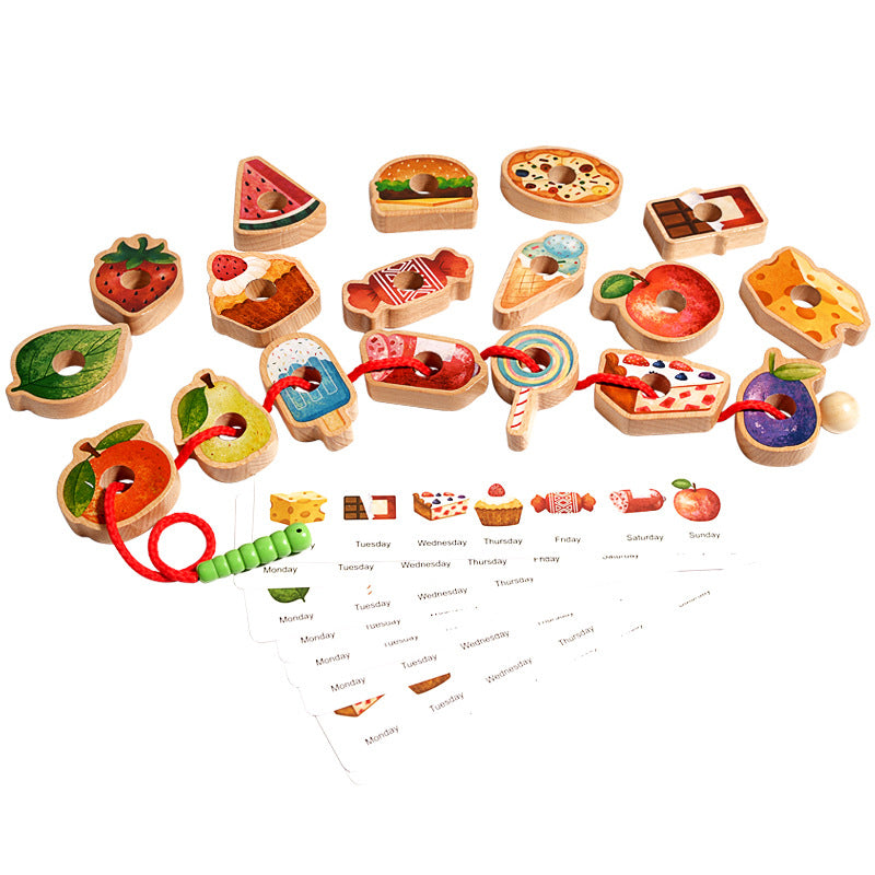 Wooden Threading Toy Large Beads Pattern Cards & Travel Bag