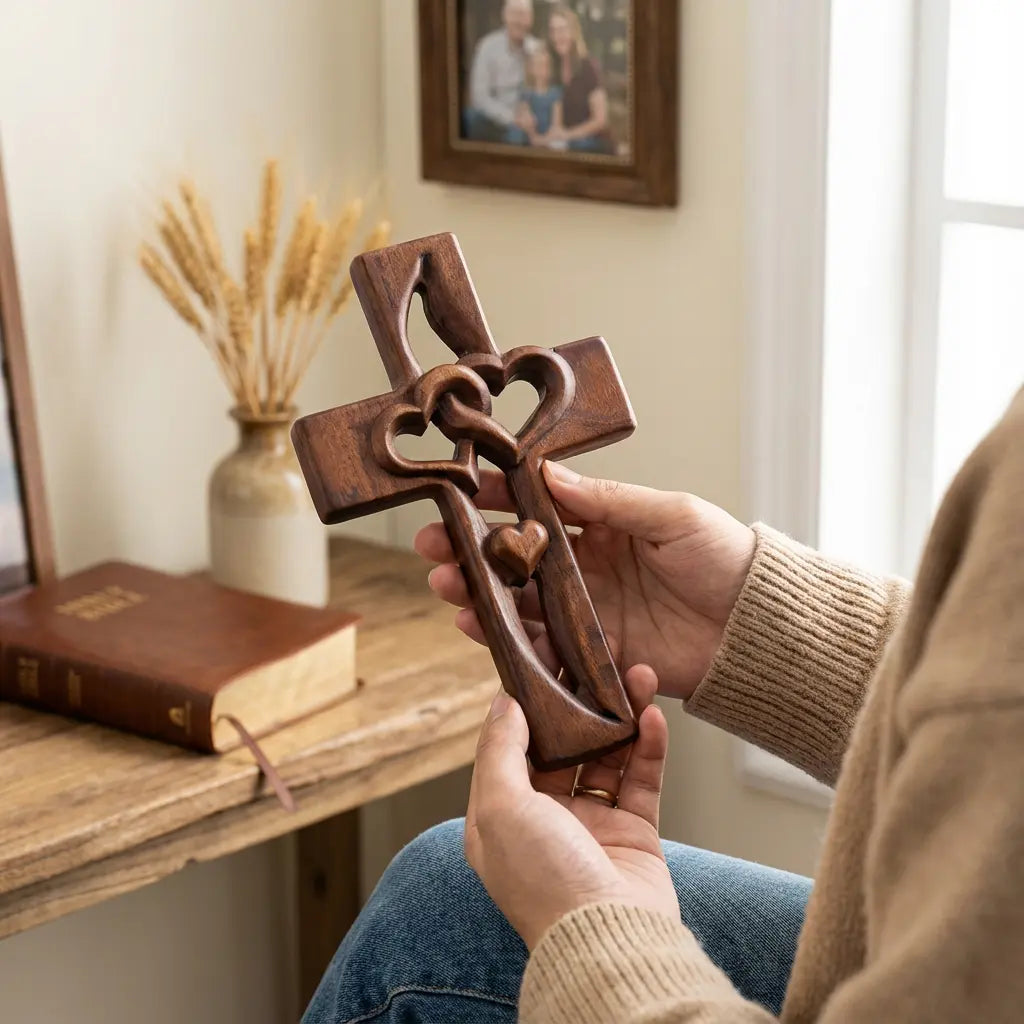 Wooden Wall Cross Hand-Carved Intertwined Hearts Ready To Hang