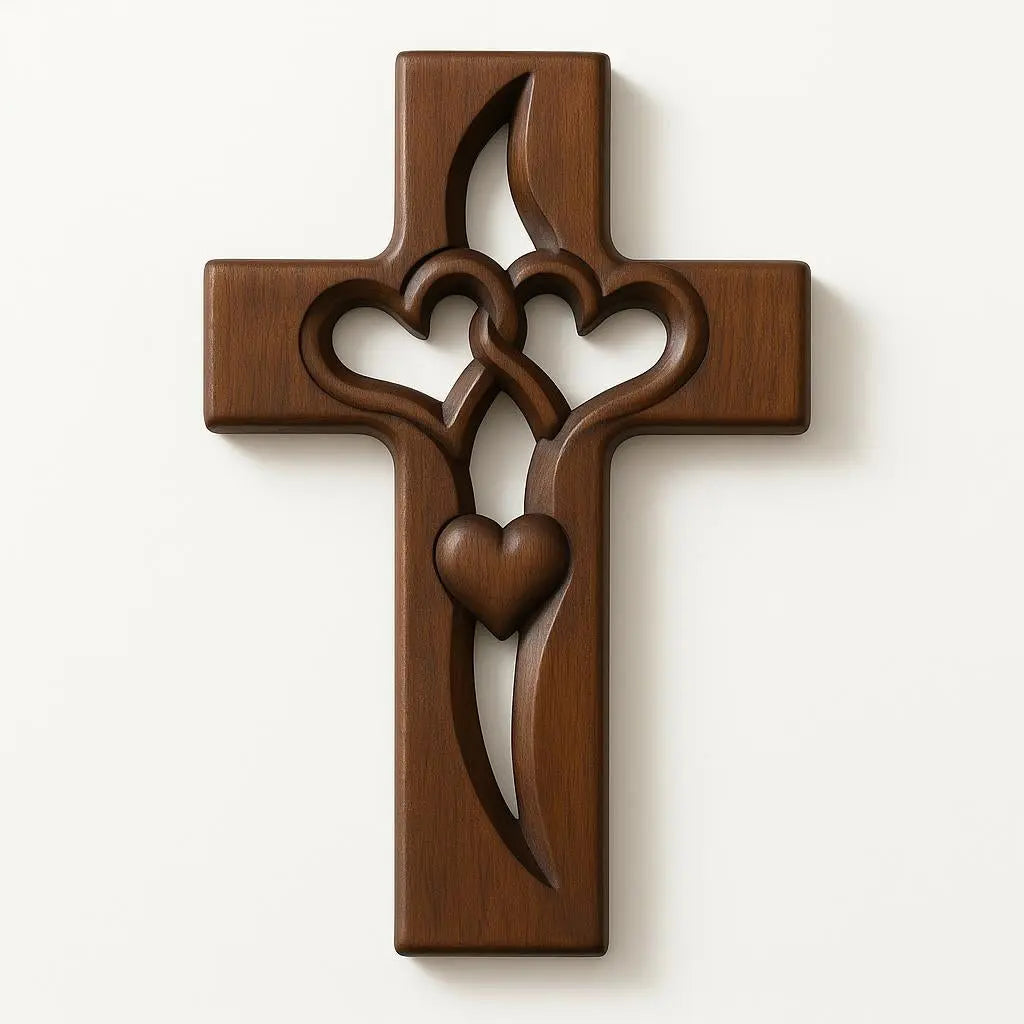 Wooden Wall Cross Hand-Carved Intertwined Hearts Ready To Hang
