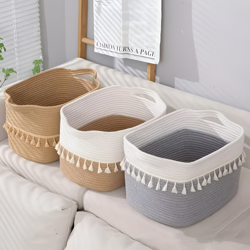 Woven Storage Basket Cotton Rope Tassel Trim