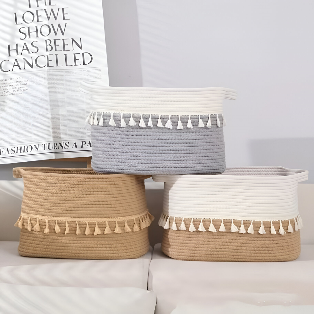 Woven Storage Basket Cotton Rope Tassel Trim