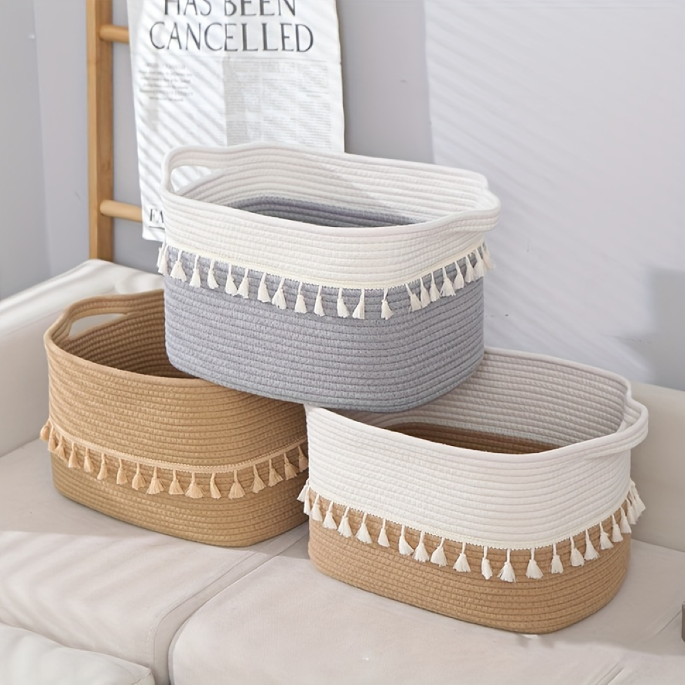 Woven Storage Basket Cotton Rope Tassel Trim