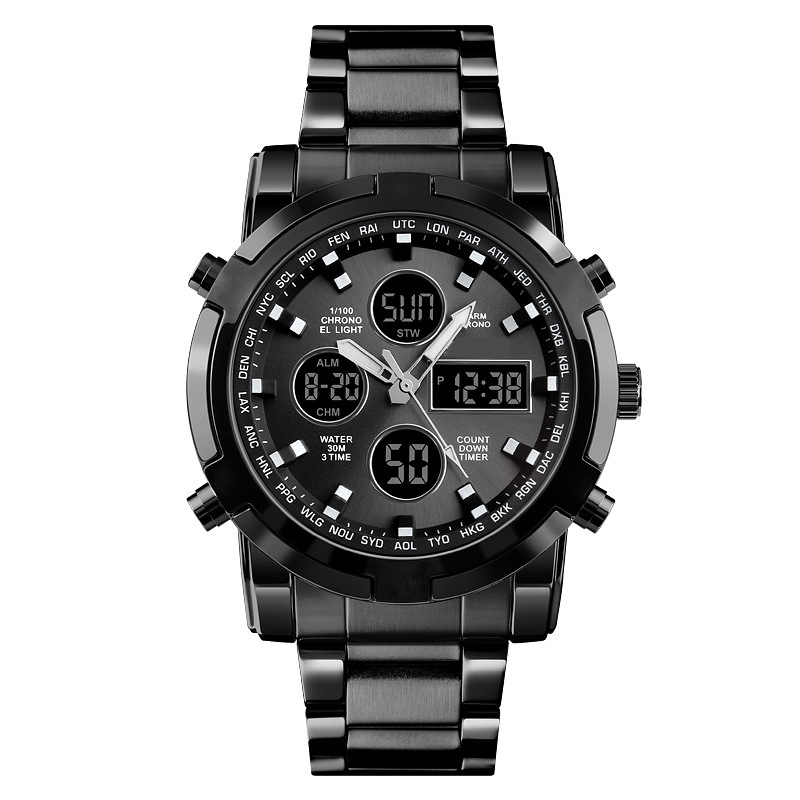 Wristwatch Analog-Digital Stainless Steel Band 3 Time Zones Water-Resistant