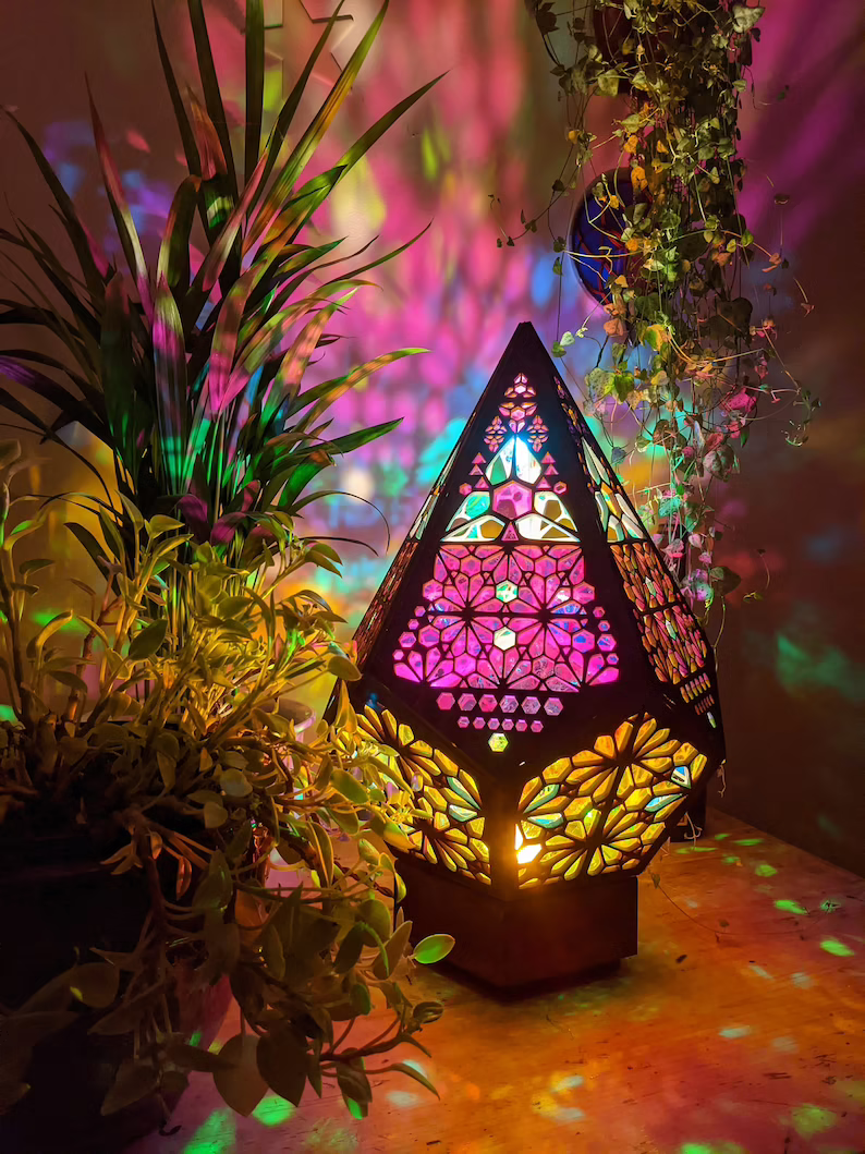 LED Table Lamp with Glass and Leaded Design