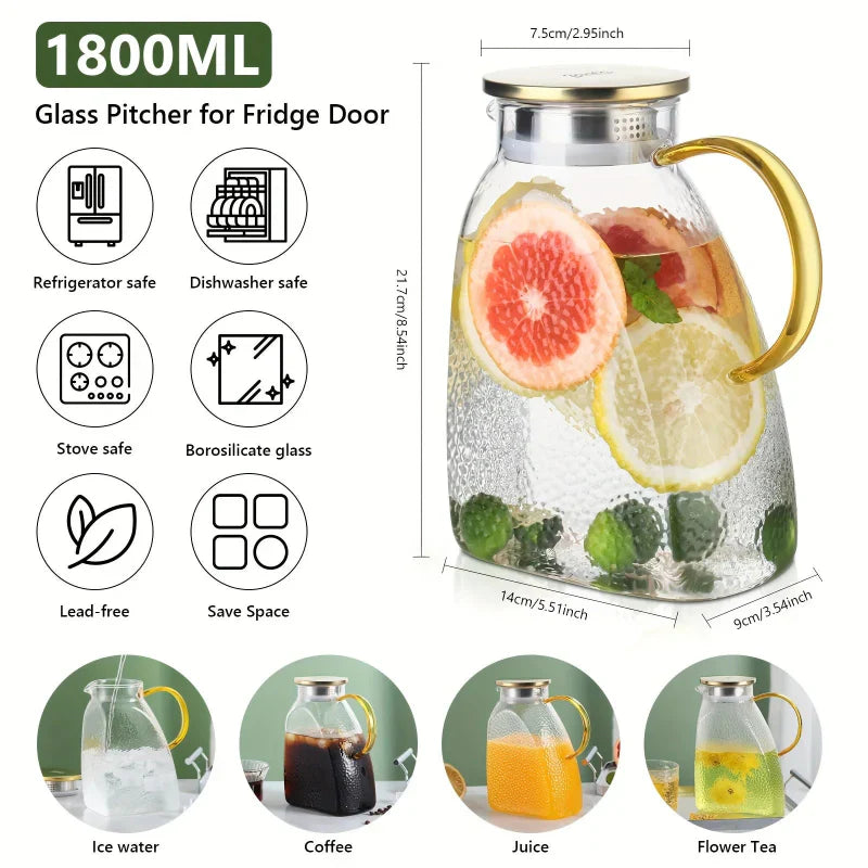 Stylish Glass Beverage Pitcher with Lid & Infuser | 1.8L Capacity