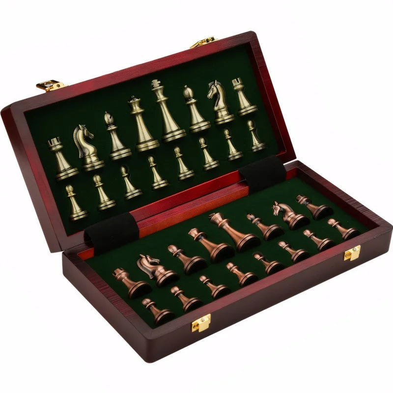 Classic Chess Masterpiece | Antique Bronze-Inspired Pieces & Portable Wood Board