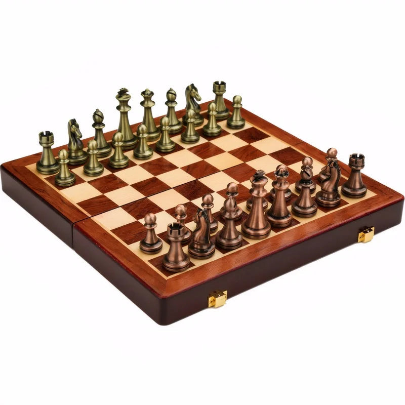 Classic Chess Masterpiece | Antique Bronze-Inspired Pieces & Portable Wood Board