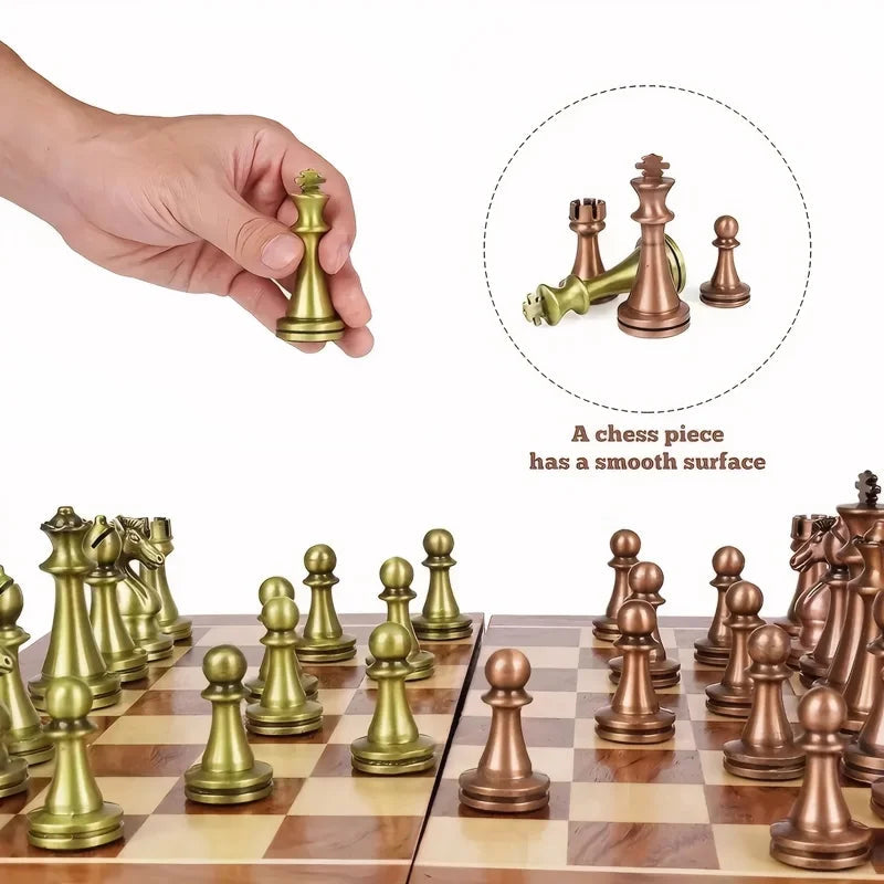 Classic Chess Masterpiece | Antique Bronze-Inspired Pieces & Portable Wood Board