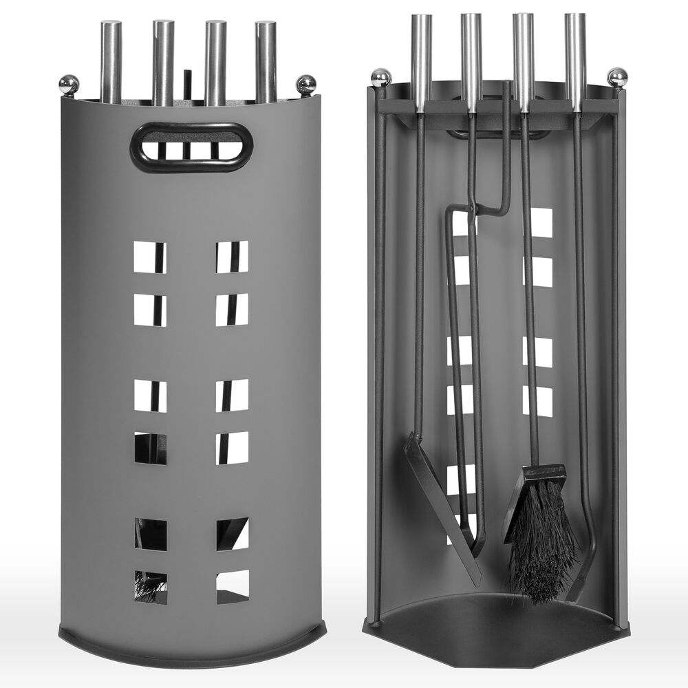 Sleek Fireplace Accessory Set | 4-Piece Stainless Steel Kit with Wall Rack
