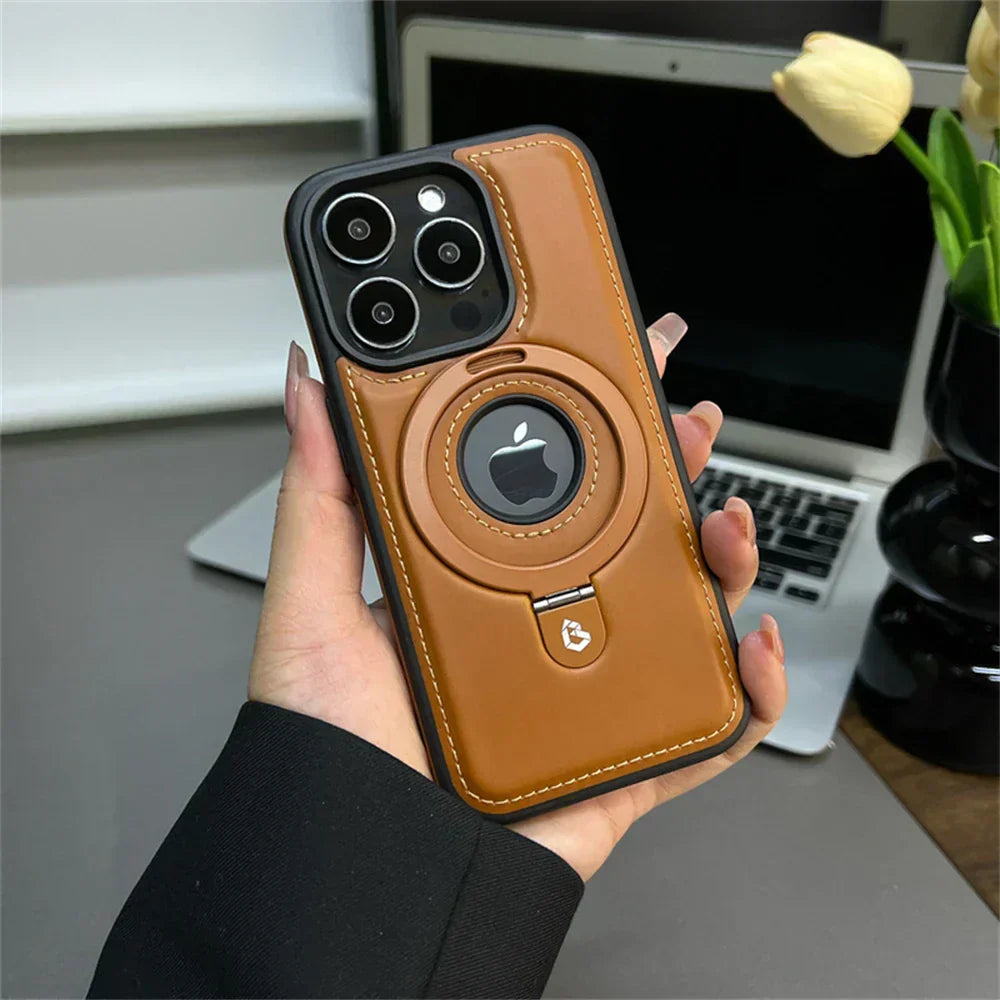 Sleek Leather iPhone Case with Ring Stand & MagSafe Support