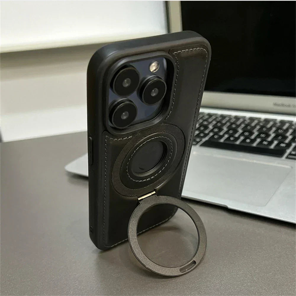 Sleek Leather iPhone Case with Ring Stand & MagSafe Support