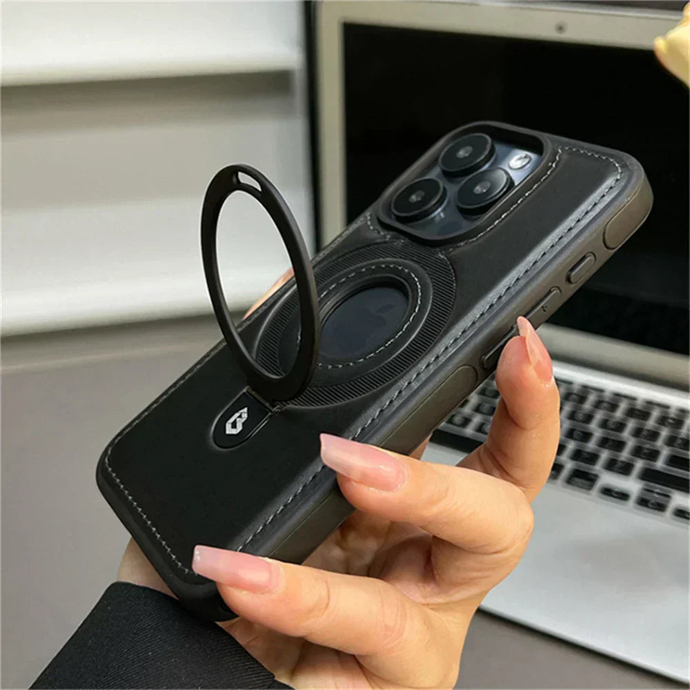 Sleek Leather iPhone Case with Ring Stand & MagSafe Support