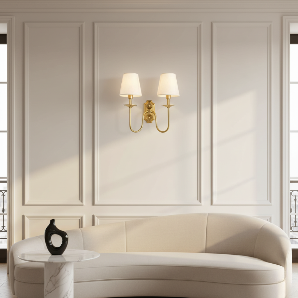 Classic Brass Wall Light Fixture with Soft Fabric Shades