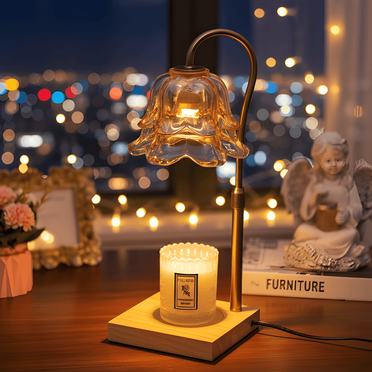 Elegant Floral Candle Warming Lamp with Adjustable Light & Timer