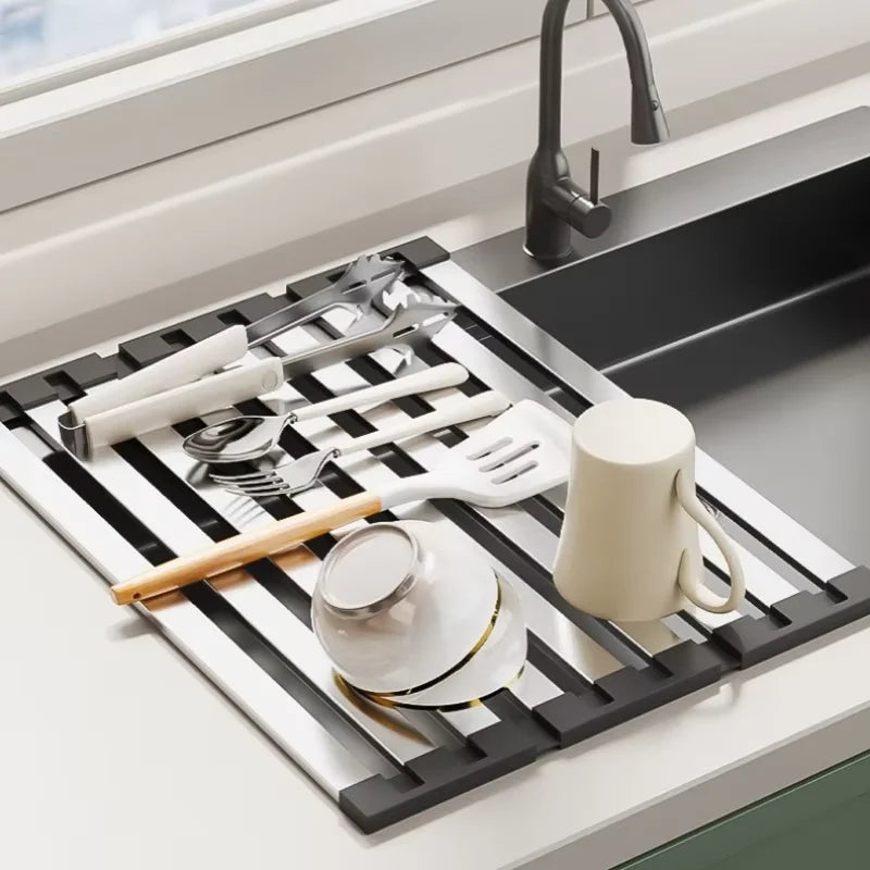 Compact Stainless Steel Dish Drying Rack with Foldable Design