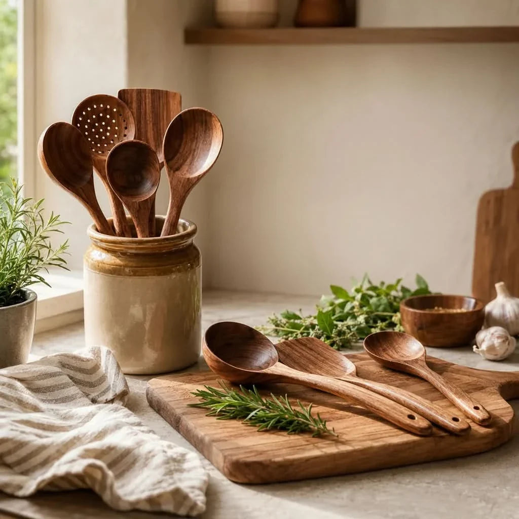 Rustic Teak Cooking Utensil Collection for Everyday Use