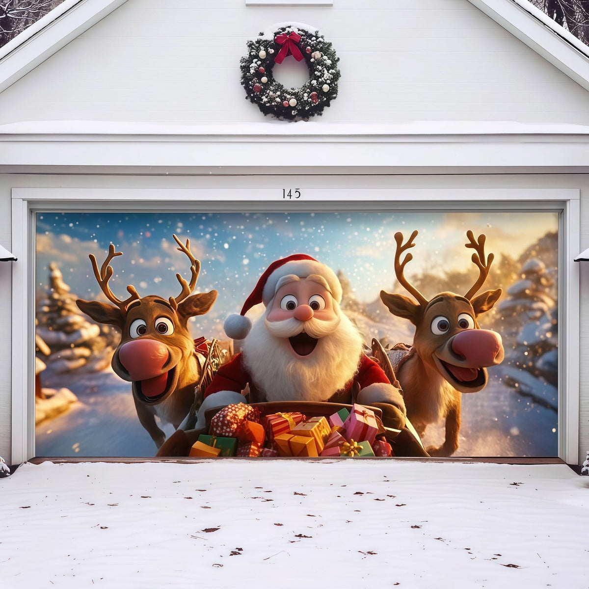 Festive Garage Door Art – Santa & Reindeer Holiday Cover