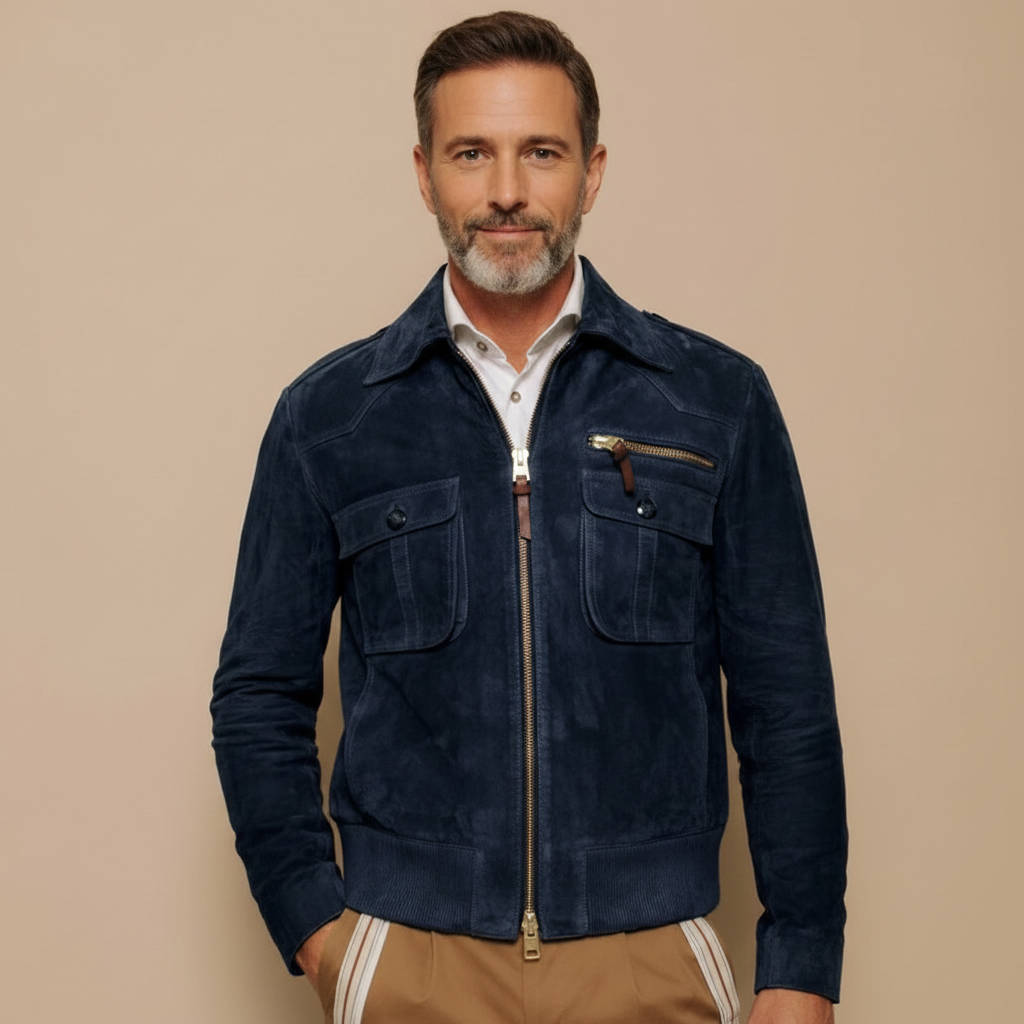 Men's Vintage-Inspired Suede Jacket with Zipper & Pockets