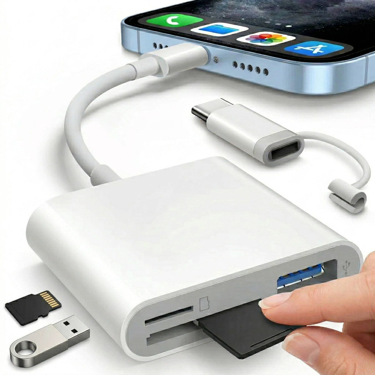 SmartLink Memory Card Reader for iPhone & iPad – Versatile File Transfer Adapter with Lightning & USB-C Ports