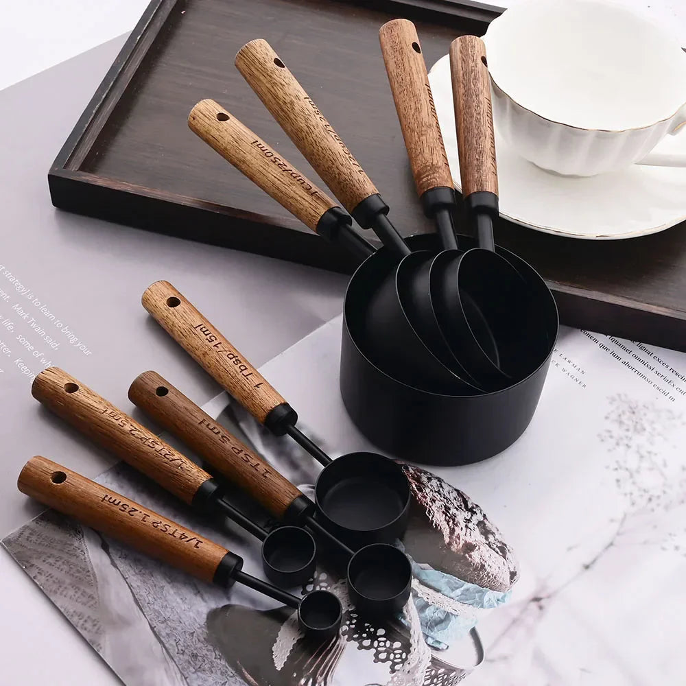Elegant Gold-Plated Measuring Cups and Spoons Set with Wood Handles