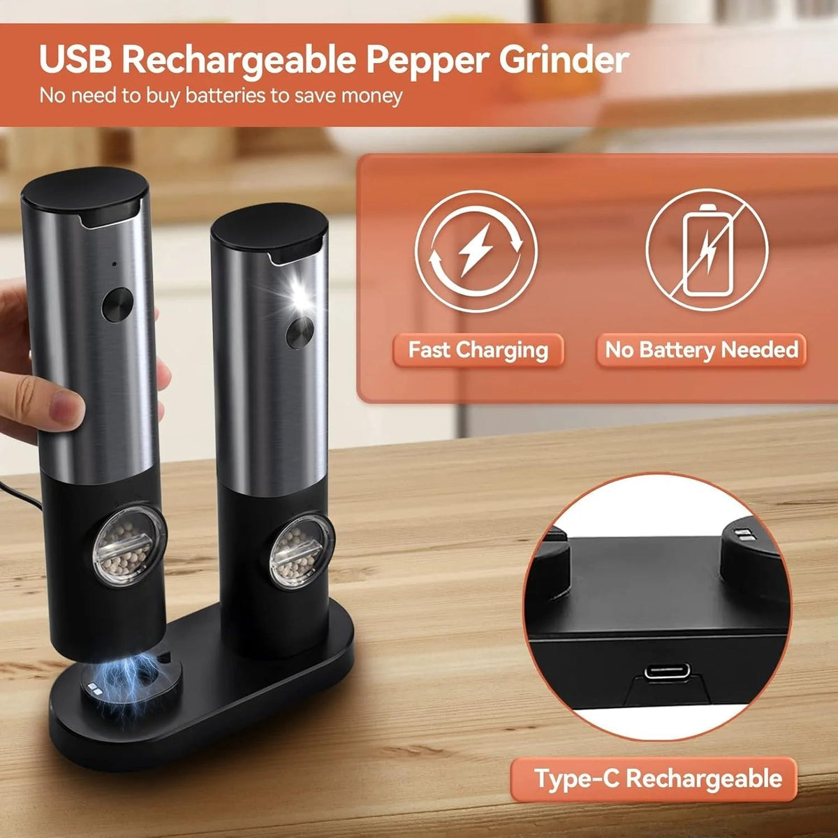 Stylish Rechargeable Salt and Pepper Grinder Set