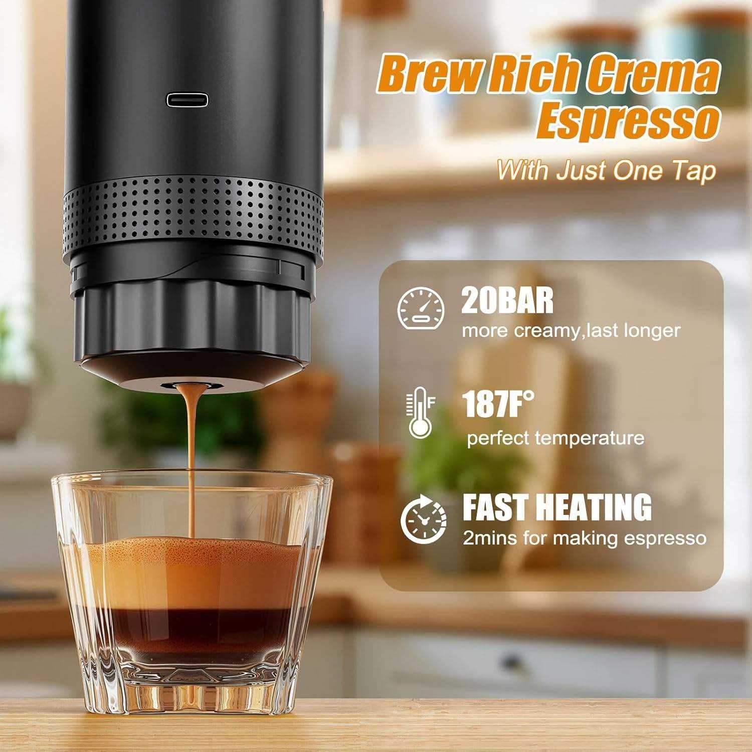 Compact Wireless Espresso Brewer | 20-Bar Pressure & USB Rechargeable