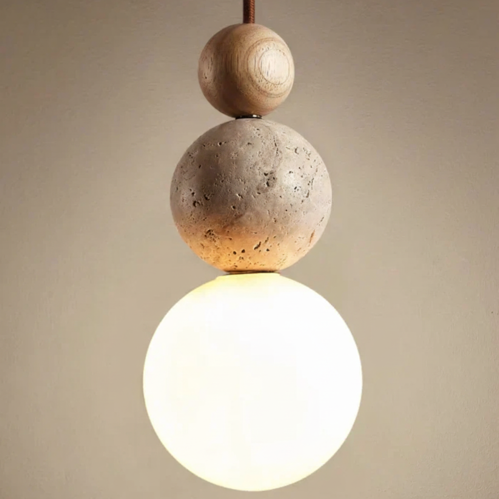 WoodSphere Hanging Lamp in Travertine and Wood