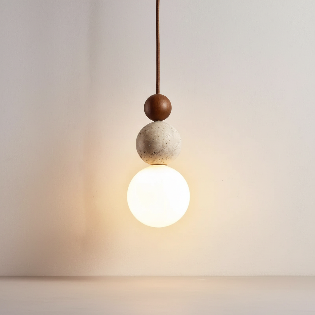 WoodSphere Hanging Lamp in Travertine and Wood