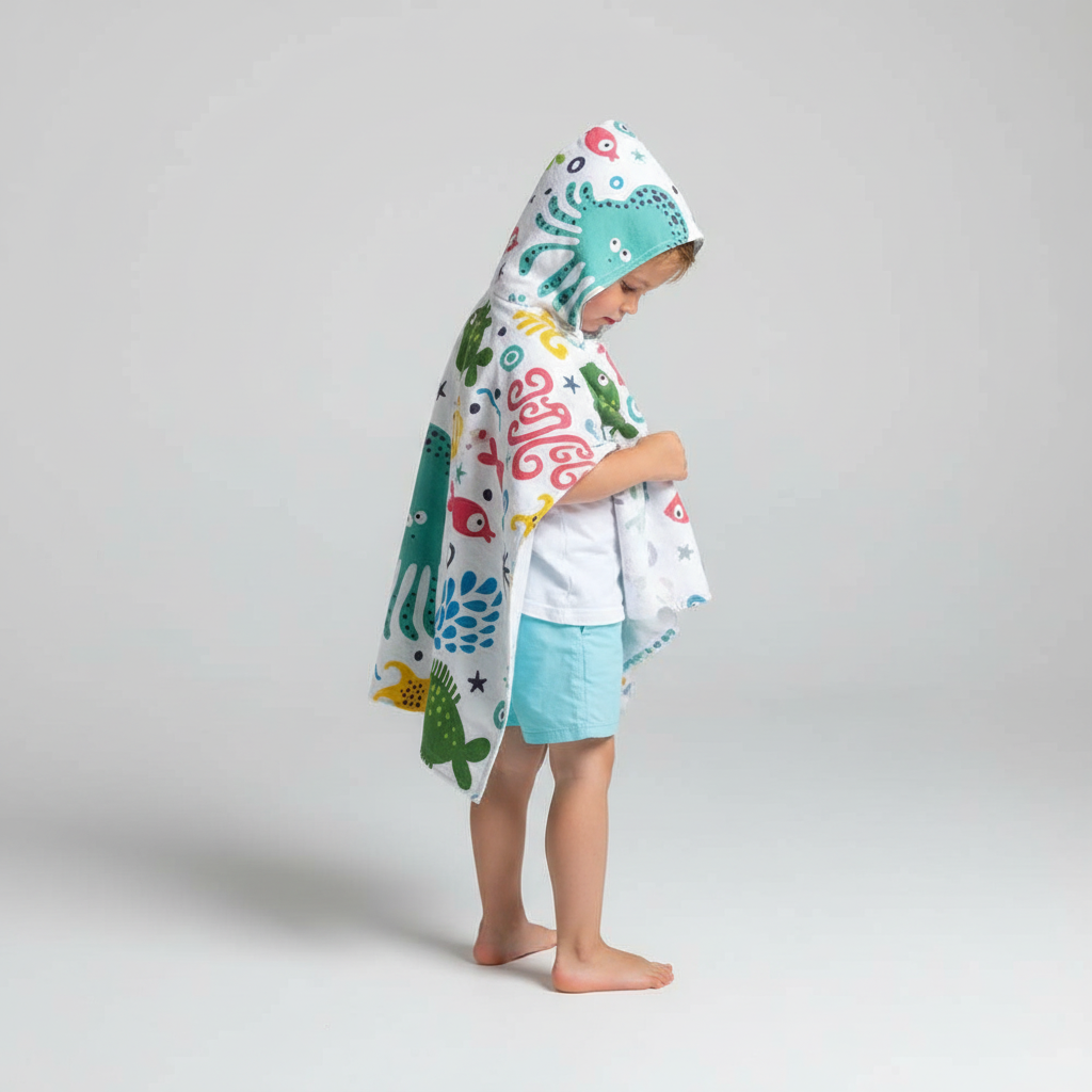 Wave-Patterned Hooded Towel Poncho