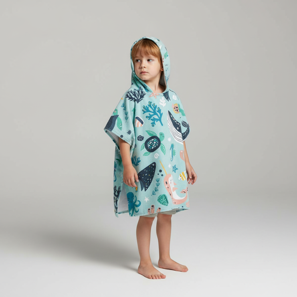 Wave-Patterned Hooded Towel Poncho