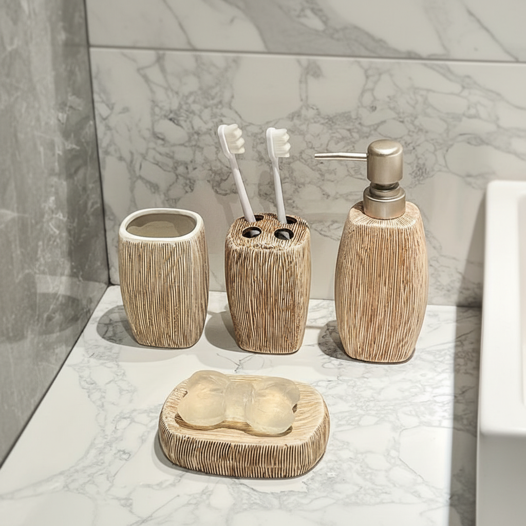 Bathroom Accessories Set in Ceramic - Natural Wood Finish