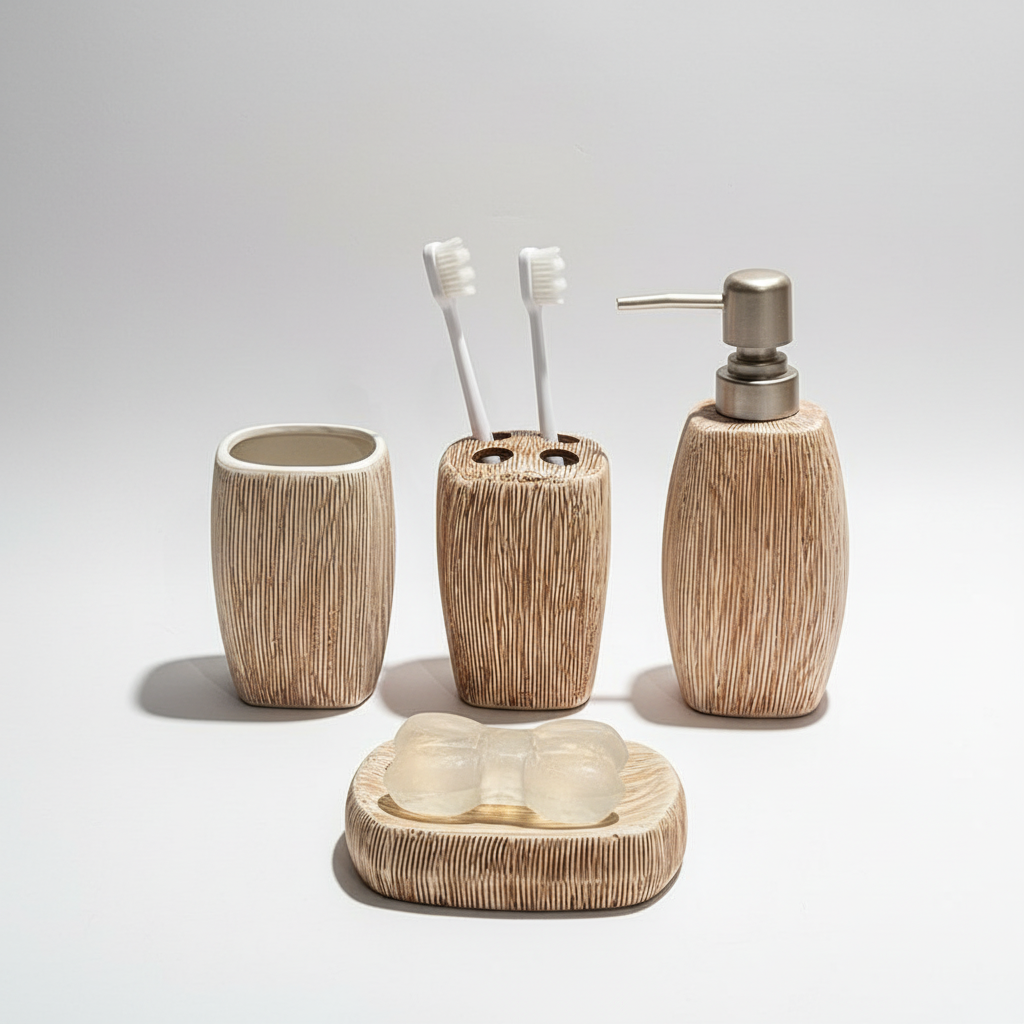 Bathroom Accessories Set in Ceramic - Natural Wood Finish